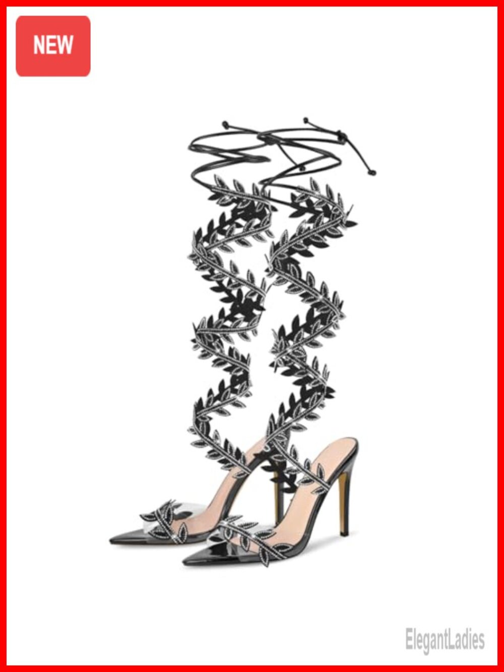 Clear Heel Sparkle Embellished Rhinestone Leaf Wrap Straps Up Knee High